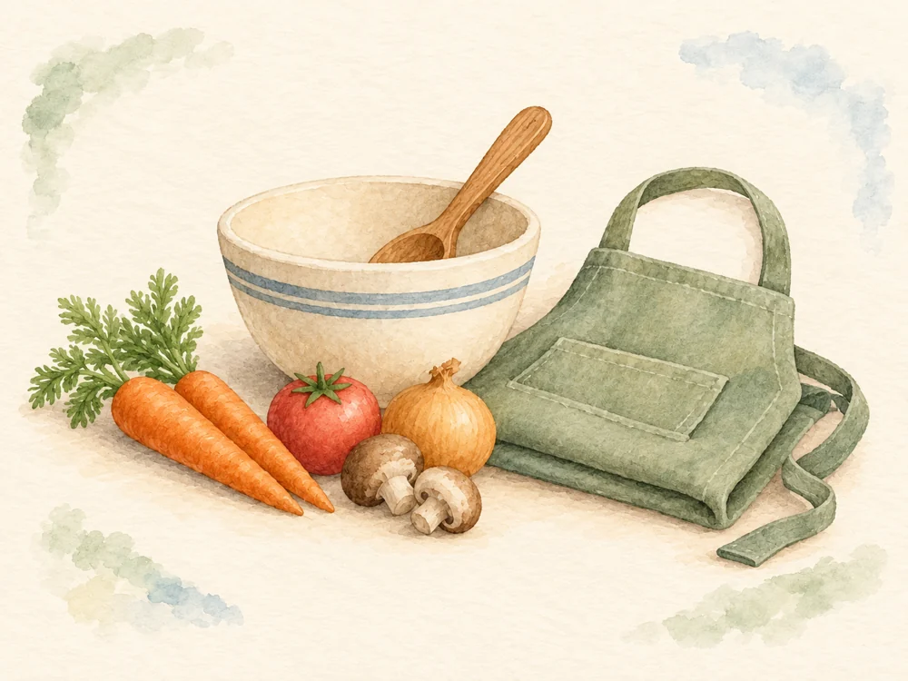 Watercolor mixing bowl, spoon, apron and vegetables.