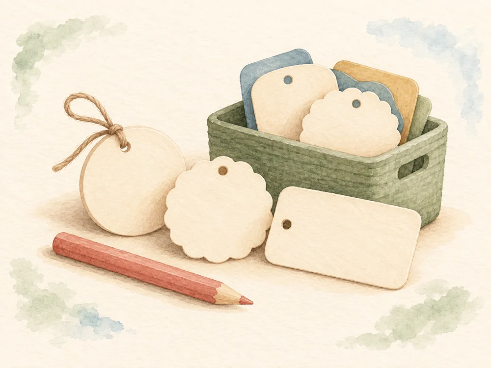 Watercolor blank classroom tags, storage basket and pencil.