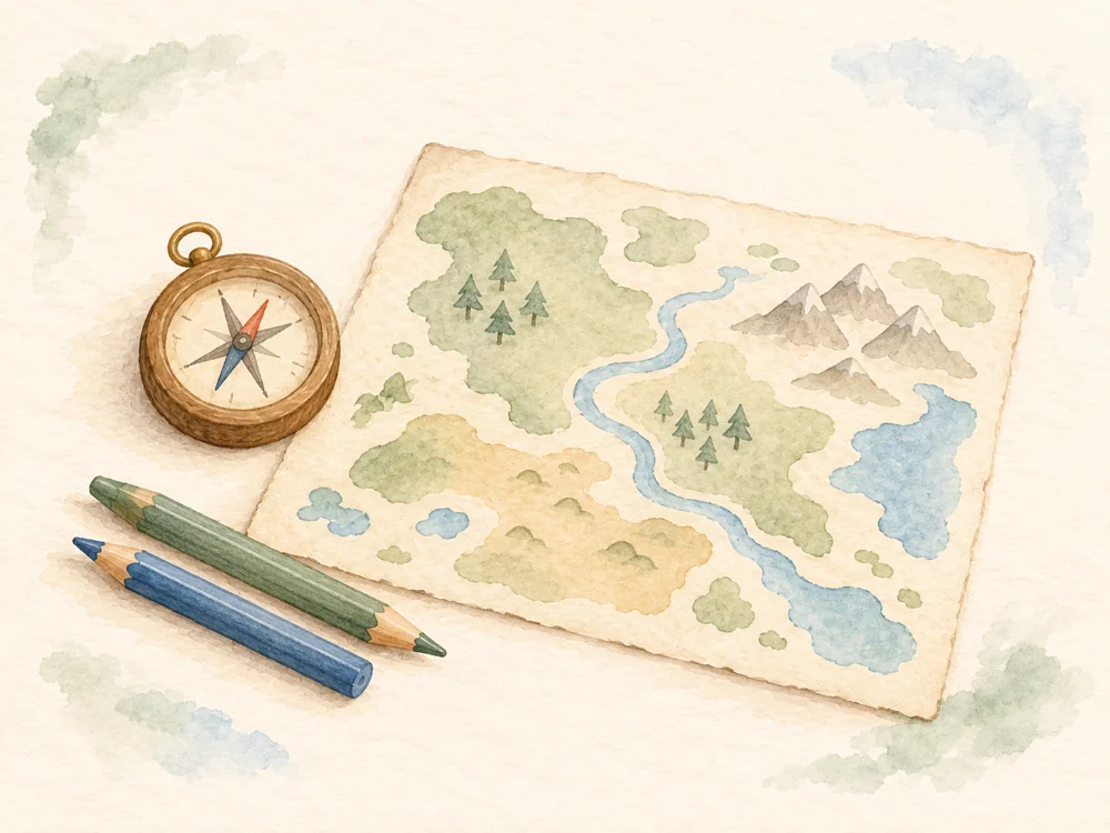 Watercolor illustrated map, compass and colored pencils.