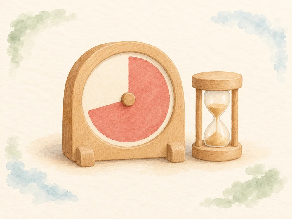 Watercolor wooden visual timer and hourglass.